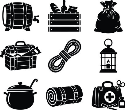 Set of camping and survival gear silhouettes including a wooden barrel, crate, sack, toolbox, rope, lantern, pot, bedroll, and first aid kit