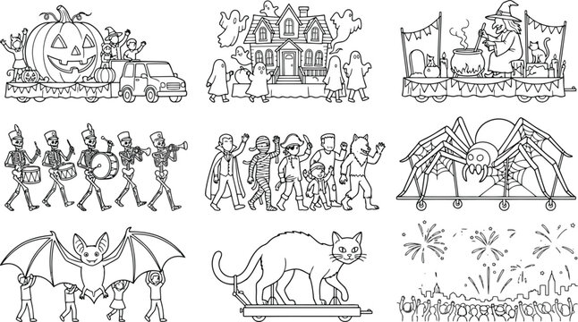 Set of halloween parade float silhouettes featuring pumpkins, ghosts, witches, skeletons, and spooky creatures on a white background