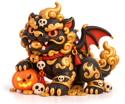 Cute Black and Gold Chinese Pixiu with Halloween Bat Wings 3D Illustration