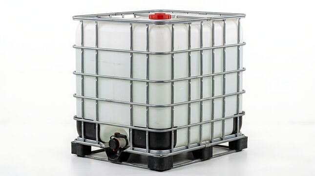 Large plastic industrial ibc water tank container with a metal cage frame for chemical liquid storage. ibc container