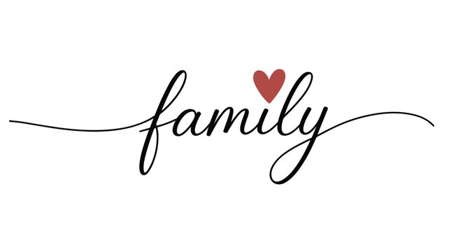 Cursive family text with a small red heart isolated on a white background, word script