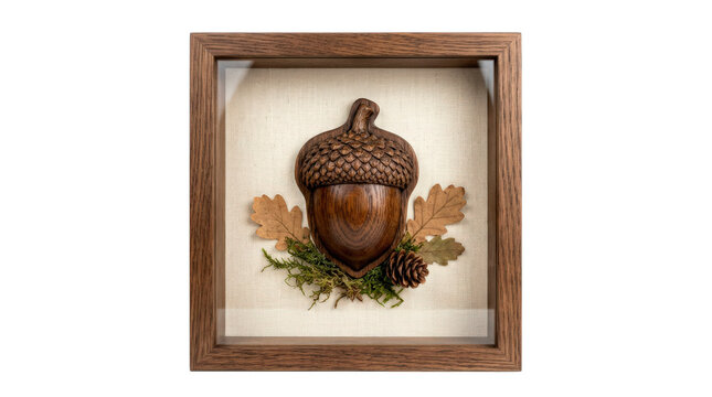 Acorn shadow box, single framed shadow-box decoration with an integrated acorn-inspired relief motif, textured cap detailing and refined woodland presentation. Photorealistic studio product