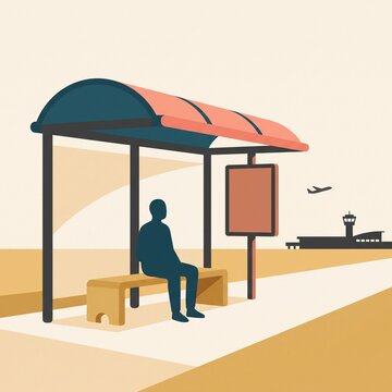 Waiting at outdoor airport bus shelter minimalist illustration