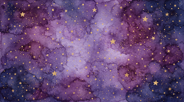 Abstract watercolor galaxy background with golden stars, purple and blue cosmic nebula texture for artistic design projects