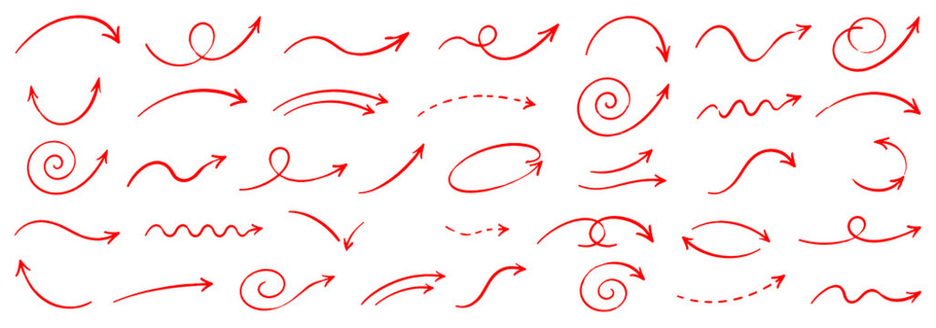 Hand Drawn Red Curved Arrow Doodle Collection, Flowing Directional Sketch Set