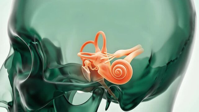 3D medical illustration of the human inner ear anatomy including the cochlea and semicircular canals situated within a translucent skull profile for educational and health science purposes.