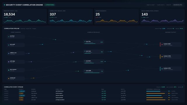 Security event correlation engine dashboard interface with live data streams incident alerts, for cyber threat monitoring, network security analysis, enterprise risk management