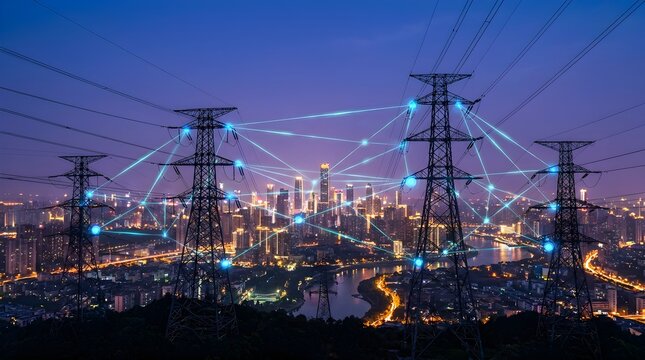 Modern city skyline at night with glowing power transmission towers and digital network connectivity lines