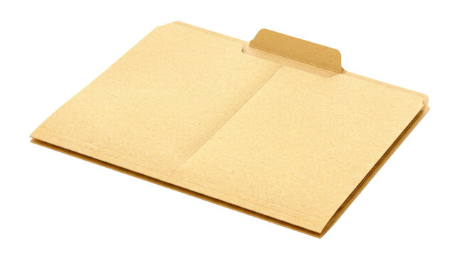 Manila paper file folder with a raised labeling tab, folded closed. Photorealistic, top 3/4 view, horizontal orientation, ultra-high-resolution 8K, on a pure white background (#FFFFFF) shadowless