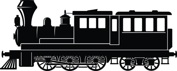 Vintage steam locomotive train engine black vector clip art icon representing retro railway transportation industrial history heritage © MDRAHIM
