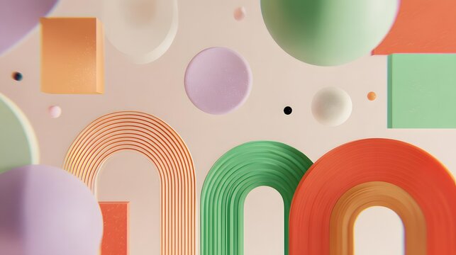 of soft cubes, spheres, arches, and ribbons floating together, harmonious pastel palette, whimsical contemporary background