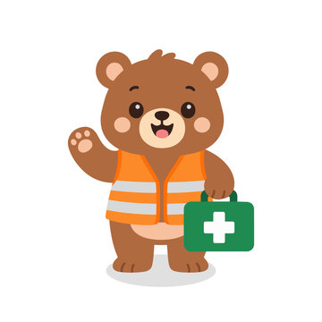 Cute Bear with Orange Safety Vest Holding First Aid Kit Cartoon Illustration