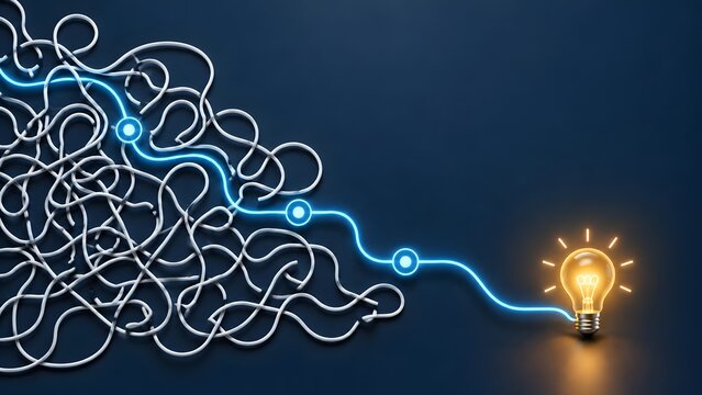 Complex Problem Solving Concept With Glowing Line Untangling Towards Lightbulb Idea