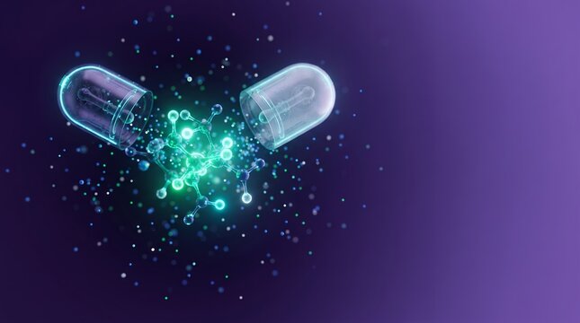 An opened capsule disintegrates into glowing green molecular particles against a blurred purple background.