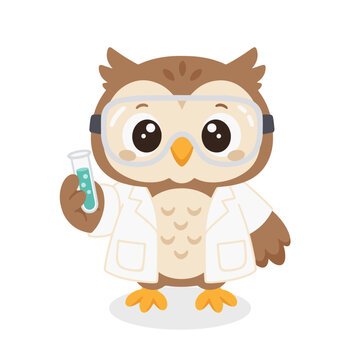 Cute Owl Scientist with Safety Goggles Holding Test Tube Cartoon Illustration