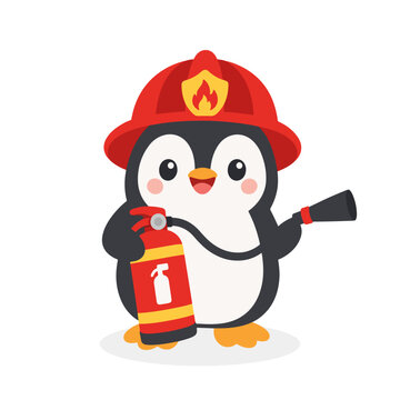Cute Penguin Firefighter with Red Helmet and Fire Extinguisher Cartoon Illustration