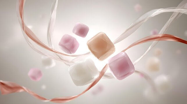 of soft cubes, spheres, arches, and ribbons floating together, harmonious pastel palette, whimsical contemporary background