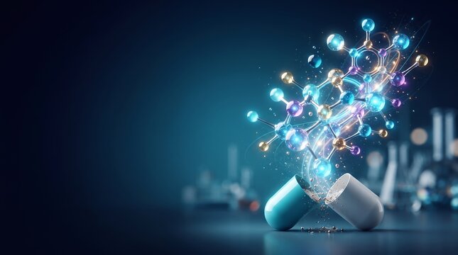 A brightly lit molecule erupts from an open pharmaceutical capsule in a dimly lit laboratory setting.