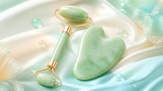 Soft Jade Roller and Facial Gua Sha Illustration. Pastel skincare tools scene with a mint jade roller and porcelain gua sha resting on soft silk waves