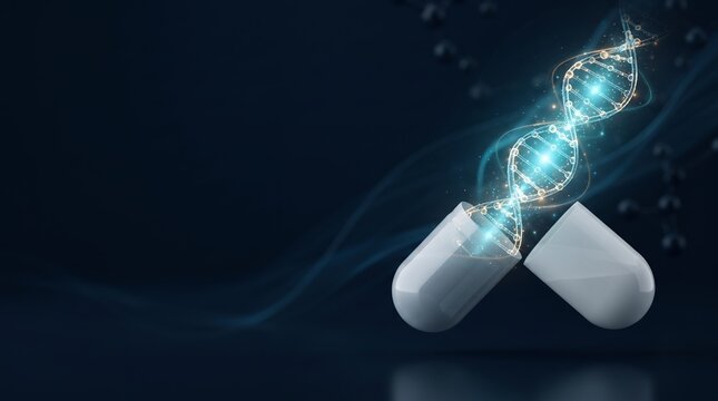 A white capsule splits open to reveal a glowing DNA helix with swirling light trails.