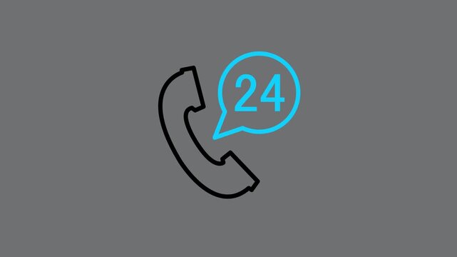 Animated 24 Hours call service and support icon for technical message, chat, phone center, contact, assistance, help desk, question, FAQ, guidance, info. Motion graphics with alpha channel 