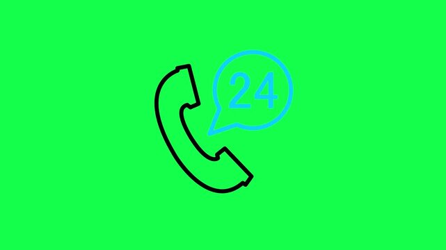 Animated 24 Hours call service and support icon for technical message, chat, phone center, contact, assistance, help desk, question, FAQ, guidance, info. Motion graphics with alpha channel 