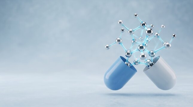 An opened pharmaceutical capsule reveals a silver and blue molecular structure on a bright, textured blue background.