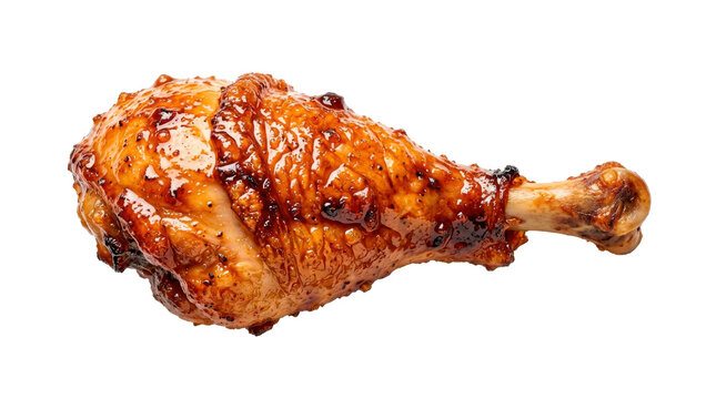 Crispy glazed chicken drumstick with golden-brown skin, glossy savory sauce coating, caramelized edges, and juicy roasted texture. Photorealistic studio product photography, 3/4 close-up view,