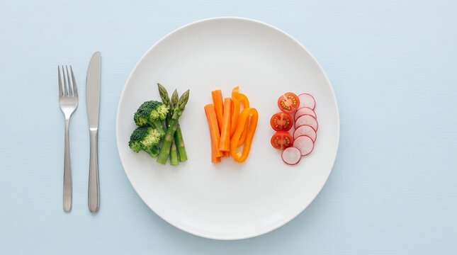 A pristine white plate displays a colorful arrangement of fresh vegetables, symbolizing a healthy and balanced diet for wellness.