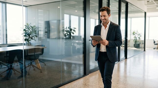 Young Smiling Businessman Holding Digital Tablet in Modern Office Corridor