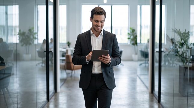 Young Smiling Businessman Holding Digital Tablet in Modern Office Corridor