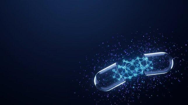 A transparent pill capsule opens to display a glowing blue molecular structure on a dark, expansive background with scattered lights.