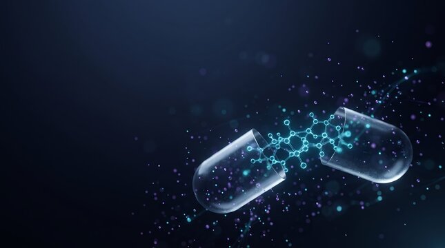 A semi-transparent pill capsule is shown open with a bright cyan molecular network at its center, set against a dark void.
