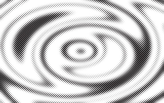 Black and white halftone spiral pattern with concentric circular waves and bold dotted gradients, creating a hypnotic abstract texture for posters, branding, print and modern design.