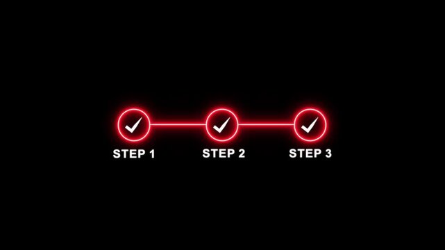 Neon line Step-by-Step Guide with check mark icon. 3 step infographic process, step process success with check marks icon with alpha channel. glowing lines on black background check mark tick