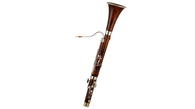 Bassoon with a long folded wooden body, curved metal bocal, intricate silver keywork, flared bell section, and richly finished traditional orchestral woodwind construction. Photorealistic studio