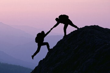 Fototapeta premium Silhouette of two hikers helping each other climb a mountain at sunrise