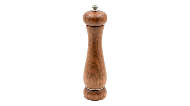 Classic pepper mill with tall tapered wooden body, smooth natural grain and rounded turning top, elegant manual grinder combining traditional craftsmanship with functional kitchen design.