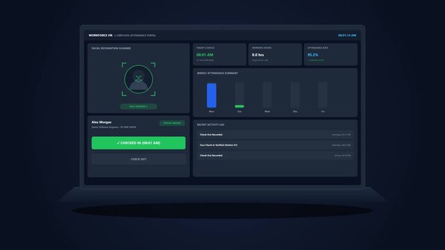 Biometric Employee Facial Recognition Attendance System Motion Graphics Dashboard on Laptop Screen