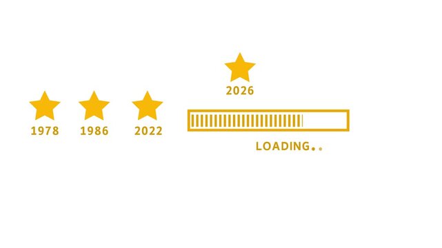 Animated Golden Stars Timeline 1978 1986 2022 with Transparent 2026 Star and Loading Progress Bar Motion Graphics Isolated on White Background