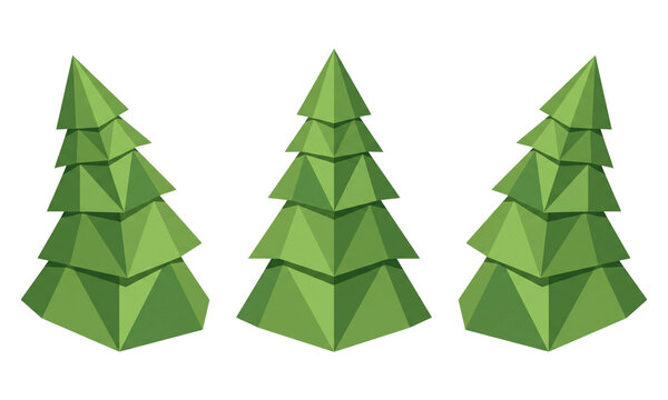Set of Three Modern 3D Low Poly Geometric Green Christmas Trees Vector Illustration