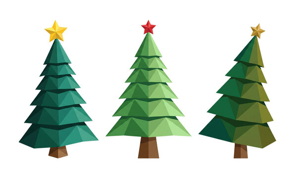 Set of three 3D low poly green Christmas trees with star toppers isolated on white background