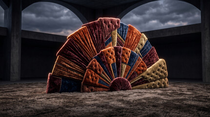 Fototapeta premium a large, fan-shaped sculptural installation made of colorful tufted, quilted, and tufted-velvet segments resembling an oversized folding fan set against a dark architectural and cloudy sky backdrop. 