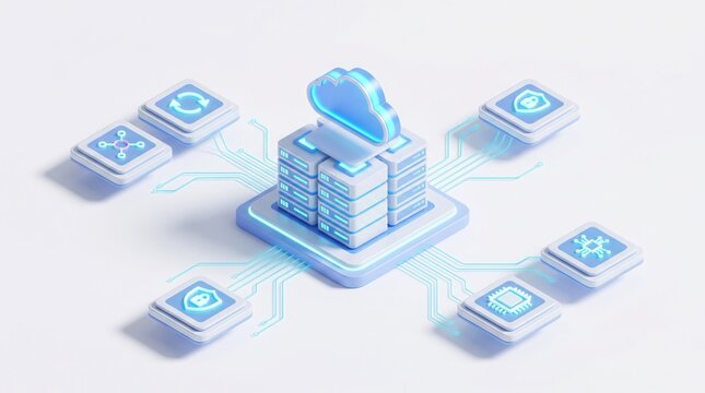 Isometric cloud server infrastructure displays interconnected digital modules with glowing blue neon circuits for high performance computing and data security