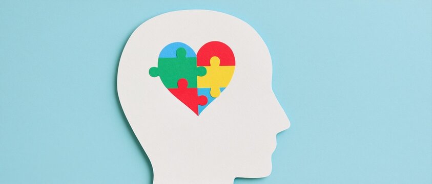 Human head silhouette with colorful puzzle heart symbol on blue background