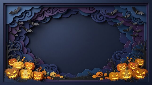 Horizontal Halloween party invitation banner in 3D layered paper cut style featuring carved pumpkins, flying bats, and swirling clouds framing a dark copy space.