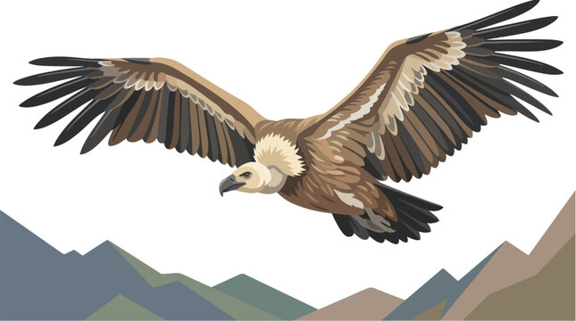 Griffon vulture vector illustration of a large bird soaring above a mountainous landscape background scenery