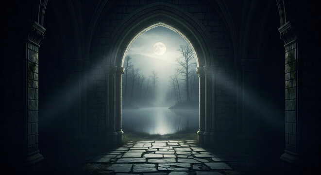 Stone Archway Overlooking Misty Lake Under Full Moon Night