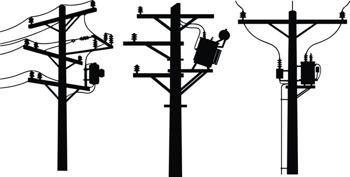 Electrical Utility Pole Silhouette Collection Featuring Power Lines, Transformers and Distribution Infrastructure