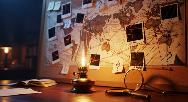 Detective Investigation Board With World Map Oil Lamp Magnifying Glass